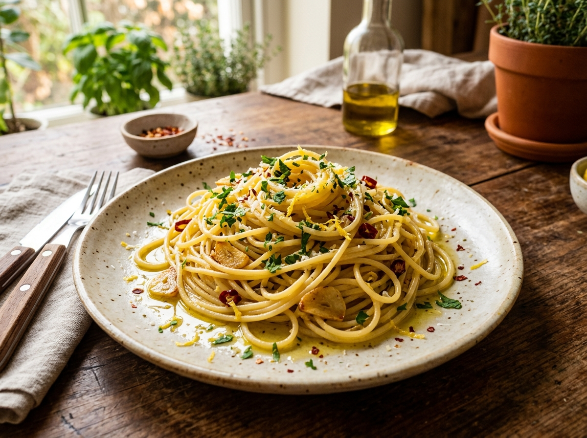 Spaghetti aglio e olio met citroen en chili