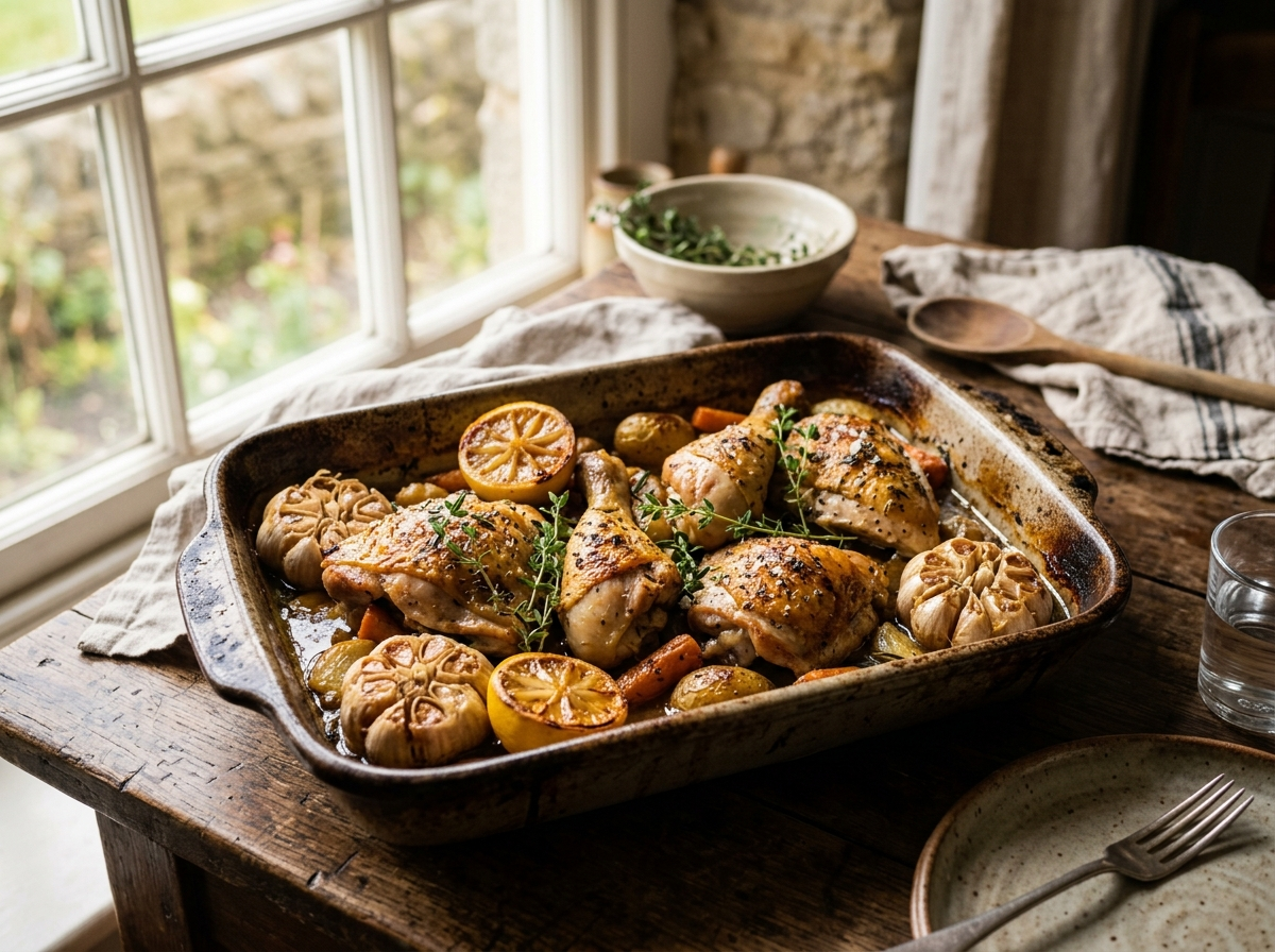 Kip uit de oven met hele knoflook, citroen en tijm