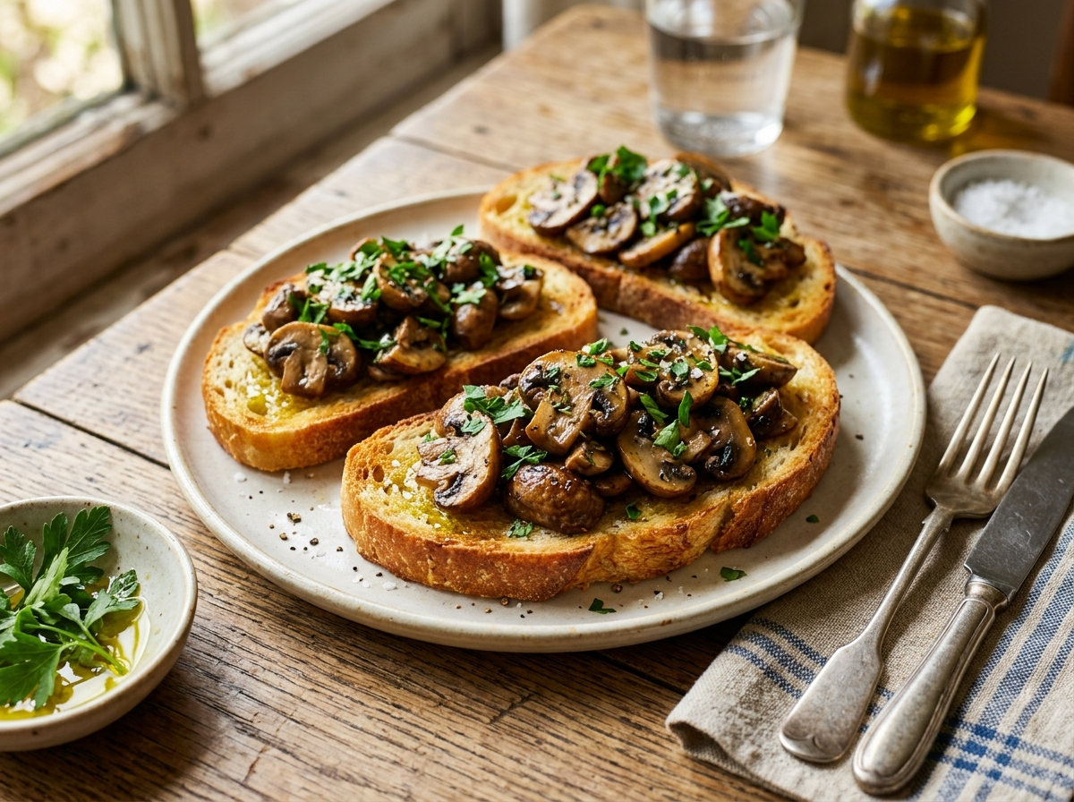 Knoflookchampignons met peterselie op geroosterd brood