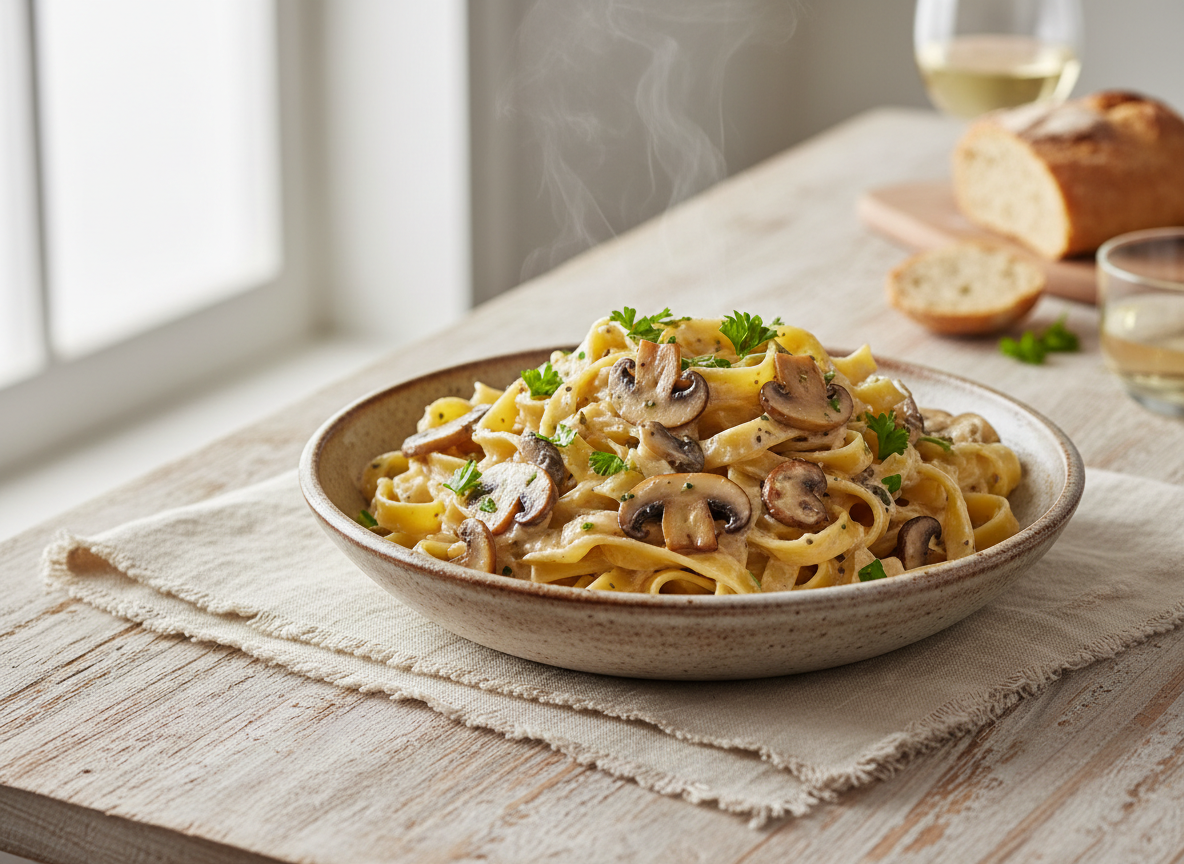 Romige pasta met champignons