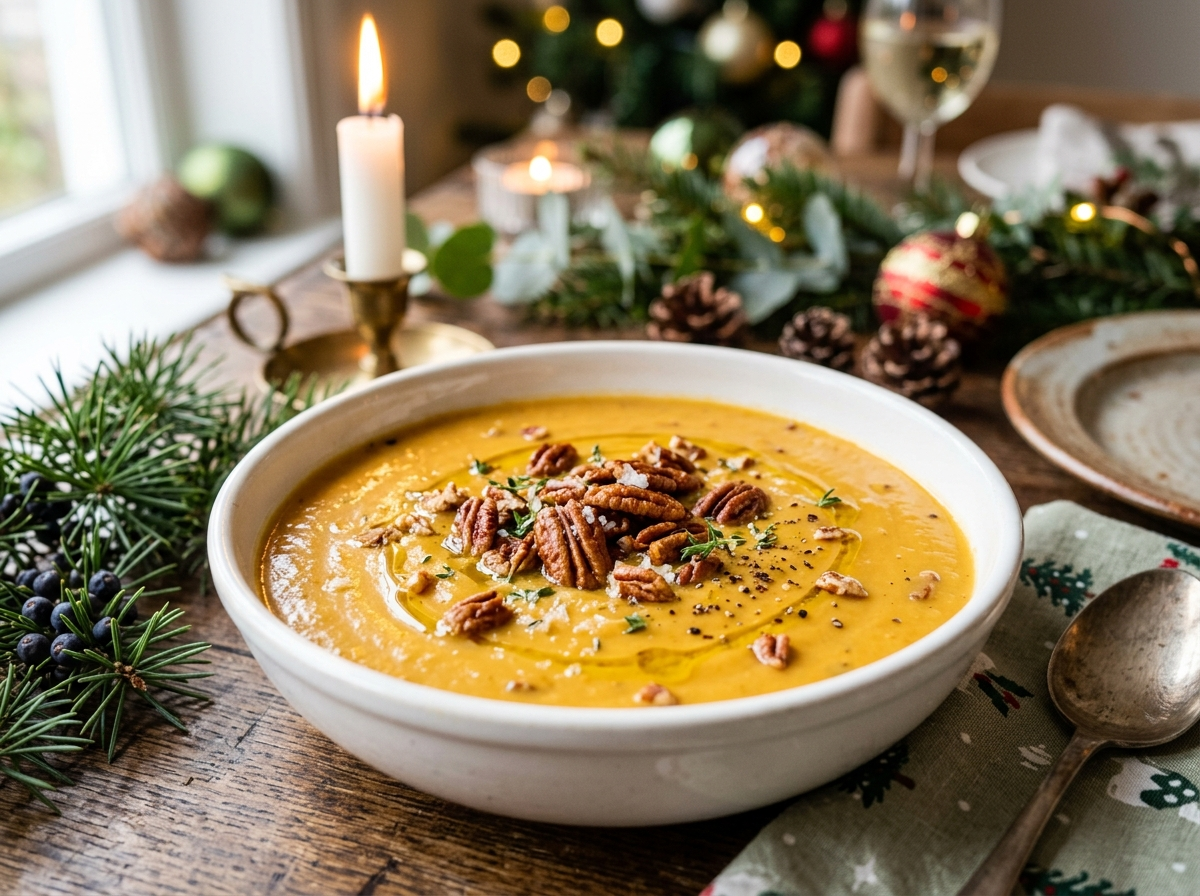 Pompoensoep met geroosterde pecannoten