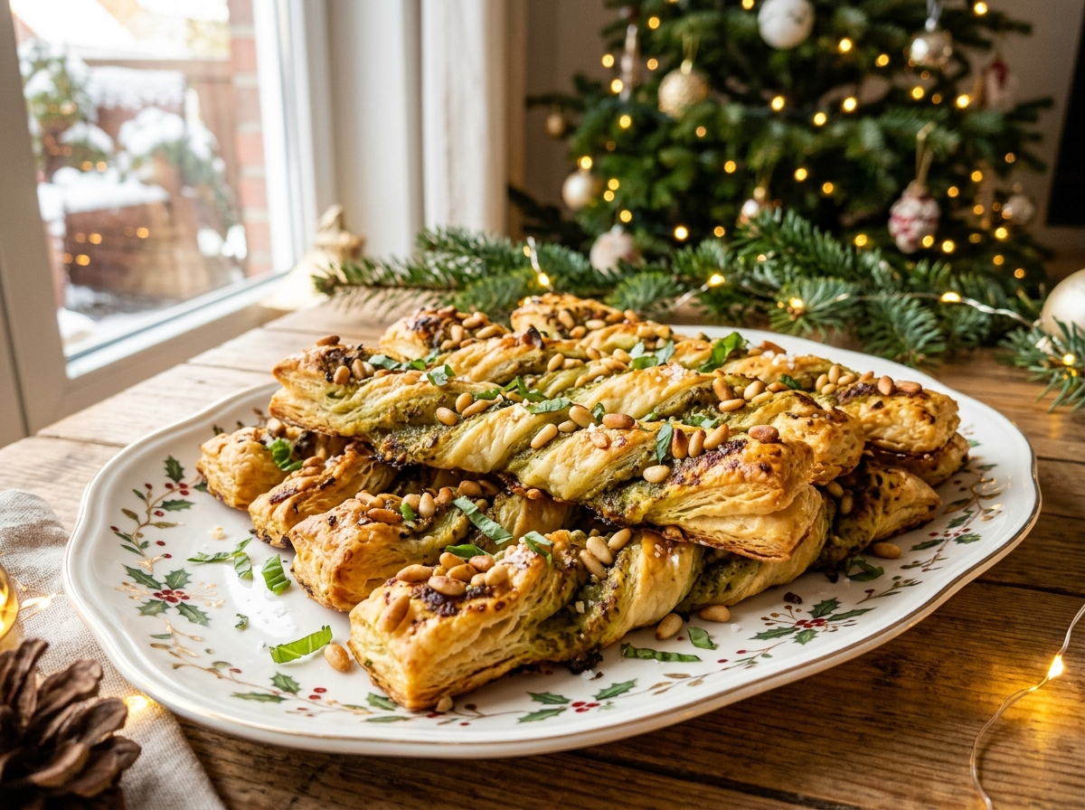 Bladerdeegstengels met pesto en pijnboompitten