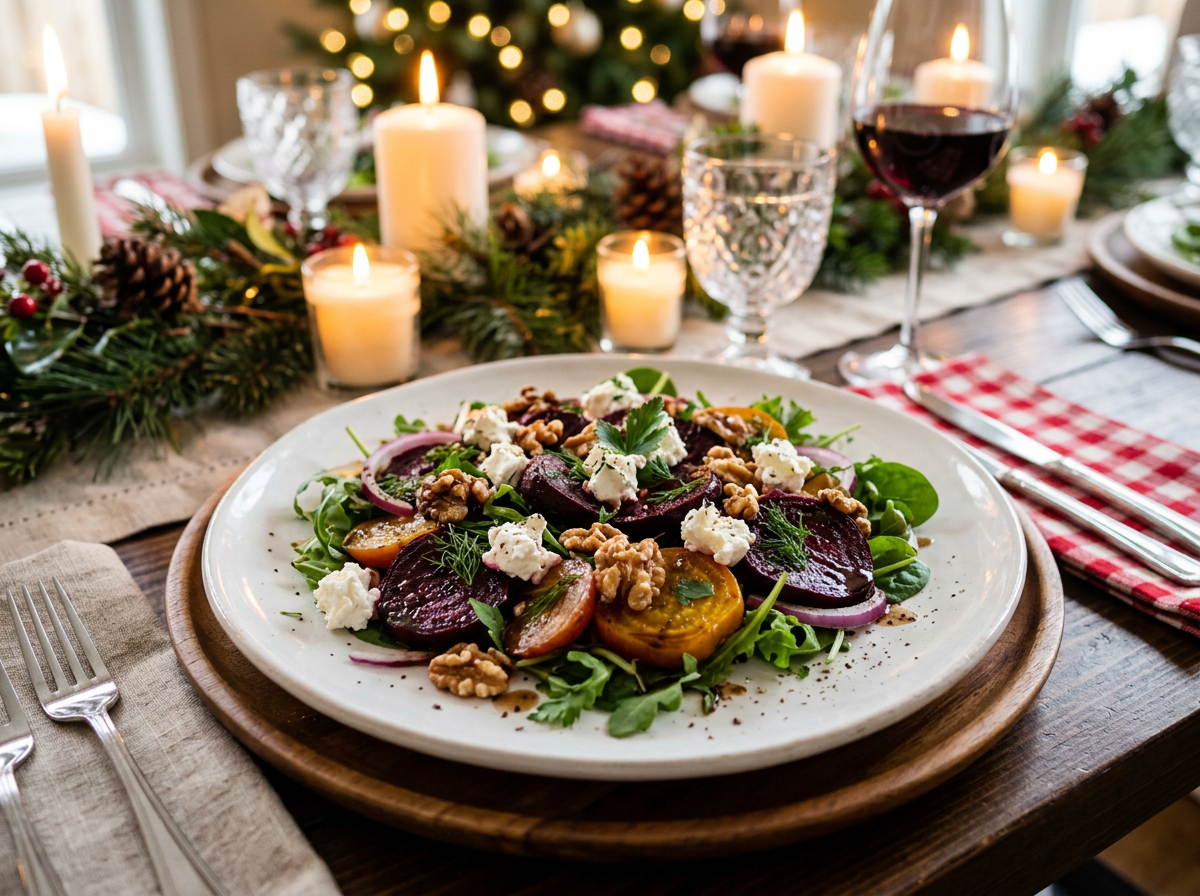 Salade van rode biet, geitenkaas en walnoot